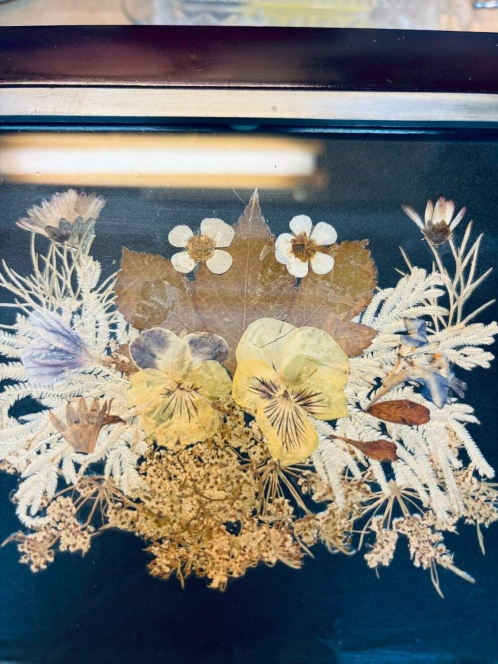 Vintage Wooden Jewelry Box With Pressed Flower Glass Lid & Velvet-Lined Compartm - Picture 5 of 5